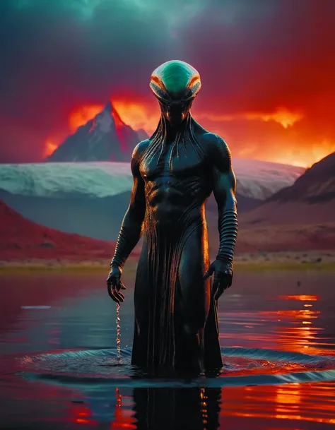 a beautiful male alien god covered,cinematic realistic,unreal engine 5 octane,dramatic lighting,pond,digital,crepuscular ray rutkowski,rossdraws,swirly vibrant color lines,majestic,cinematic aesthetic,<lora:add-detail-xl:1.6>,<lora:Alien_God_sdxl:0.8>,<lora:Movie_aesthetic_XL:0.7>,Roger Deakins Style <lora:Roger Deakins Style:0.6>,by diegocr