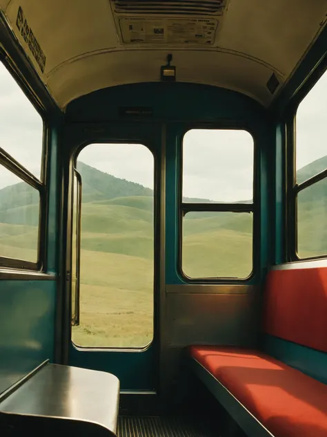 a train car with benches and windows , indoors, no humans, window, scenery, bench, seat ,scene from a Detective fiction movie , cinematic , Pedro Almodóvar, Bruno Delbonnel , <lora:Movie_aesthetic_XL:1>