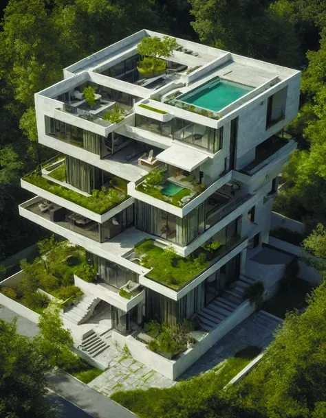 isometric view,photo of a beautiful modern home designed for aesthetics,energy efficiency and maximizing plants and greenery,cg photo,high resolution,professional architectural,Kurnik,Norman Rockwell,Zaha Hadid,daft and intricate lines of color,post processing,8k resolution,contemporary,sharp focus,green,Mucha h 704 and Stephen Willis,yoshitaka,by diegocr,<lora:add-detail-xl:1.6>,<lora:Movie_aesthetic_XL:0.8>,Brutalism <lora:Brutalism_new:0.7>