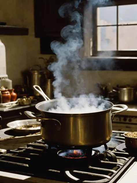 a pot on a stove with steam rising from it , indoors, no humans, smoke, sink ,scene from a Adventure movie , cinematic , William Wyler, Sean Bobbitt , <lora:Movie_aesthetic_XL:1>