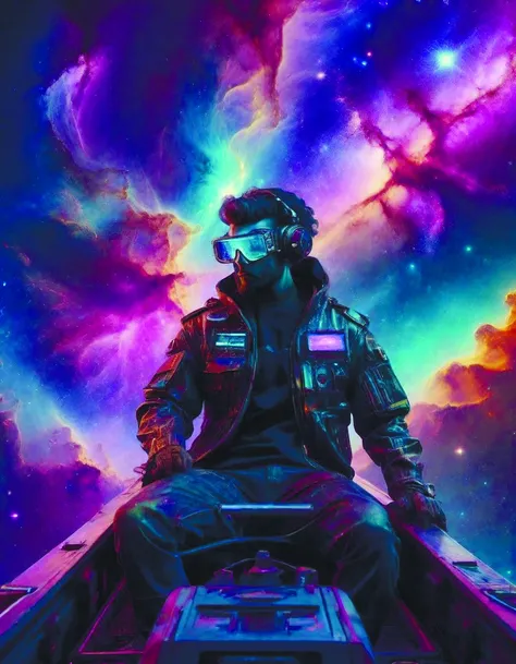 a flsherman,sitting boat amidst a large galaxy nebula,wearing cyberpunk clothing,vaporwave aesthetic,colorful,psychedelic,digital,concept,smooth,sharp focus,illustration,and greg rutkowski and alphonse mucha <lora:MindWarp:0.8>,cyberpukai <lora:CyberPunkAIp:0.7>,<lora:Movie_aesthetic_XL:0.6>,teslapunkai <lora:TeslaPunkAIv2p:0.5>,by diegocr,<lora:FusionDraw9527_Nebula_SDXL_V2_4800:0.4>