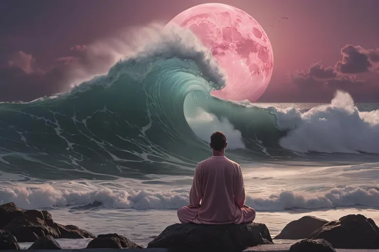 <lora:_aesthetic_XL:0.8> a man meditating on the sea, giant wave hitting the coast, canon, reflex camera, cinematic, pink moon, hyperrealistic, photo realistic, <lora:epiCRealismHelper:0.6> <lora:One_Point_perspective:0.6>