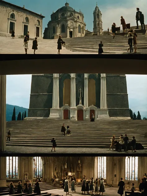 a large building with a clock on the top of it , multiple girls, multiple boys, indoors, window, traditional media, scenery, stairs, church ,scene from a Coming of age movie , cinematic , Federico Fellini, Don Burgess , <lora:Movie_aesthetic_XL:1>