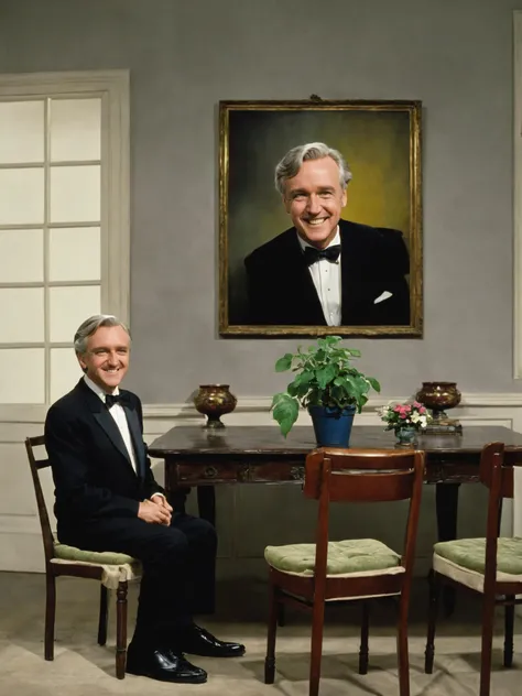 a room with a table and chairs and a wall with a painting of a man , solo, smile, 1boy, bow, flower, grey hair, male focus, indoors, bowtie, english text, chair, formal, table, suit, plant, potted plant, old, old man, speaker ,scene from a hood Drama     movie , cinematic , James Cameron, Jeff Cronenweth , <lora:Movie_aesthetic_XL:1>