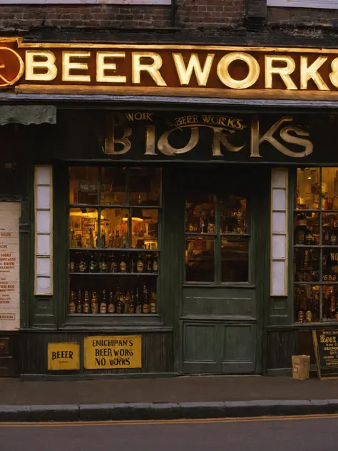 a store front with a sign that says beer works , outdoors, english text, no humans, window, night, building, scenery, sign, door, road, street, shop ,scene from a B-Western movie , cinematic , Terry Zwigoff, Greig Fraser , <lora:Movie_aesthetic_XL:1>