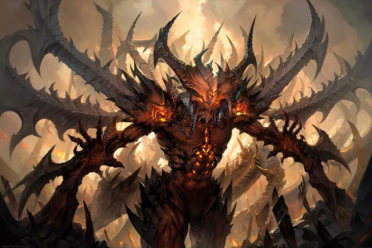 Masterwork, high quality, highly detailed, ((solo)), (1demon) Claws, demon, demon horns, demon tail, fangs, full body, glowing eyes, horns,, sharp teeth, solo, wings <lora:SengakujiWorks_Diablo_Diablos:0.8>