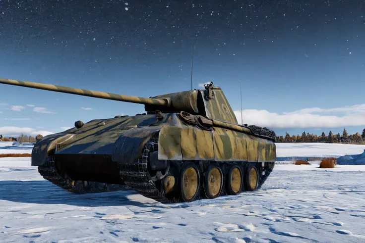 <lora:Panther_Tank-000010:1> a panther tank lonely in a tundra, snow, ice, cold, snowing, night, dark, darkness, night sky