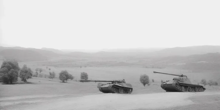 tanks on a battlefield, panther tank, hills, trees, ruins,
<lora:Panther_Tank-000010:0.8>