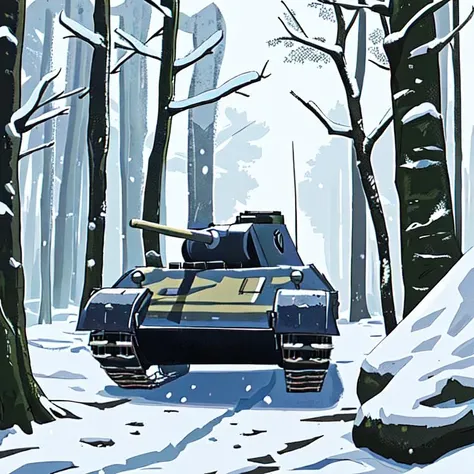 A pnzr4tnk tank is involved in a counter-attack during the Battle of the Bulge, moving through a snow-blanketed Ardennes forest. The scene captures the tank's role in Hitler's last major offensive in the West, with snow adding to the operational challenges faced by the German armored units  ((pulp_comic, heavy_lines, hand_drawn, hand_inked, hand_colored, perfect_face, apxlz))