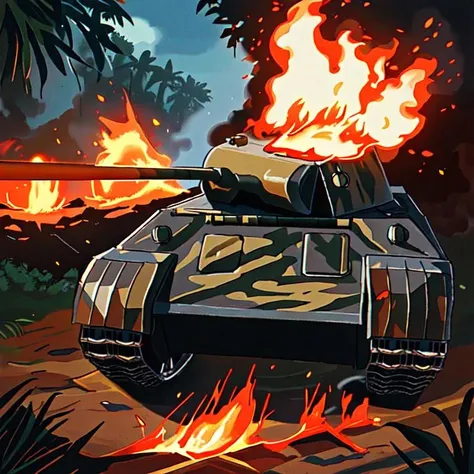 panther tank, jungle, fire, explosion, war zone, smoke
