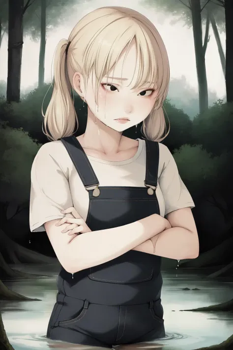 (masterpiece, best quality:1.2), 1girl, (:t:1.2), tearing up, black eyes, blonde hair, twintails, hairclip, forehead BREAK (white t-shirt), pink overalls, crossed arms BREAK (partially submerged:1.1), (wet hair, dripping), (forest, river:1.2)