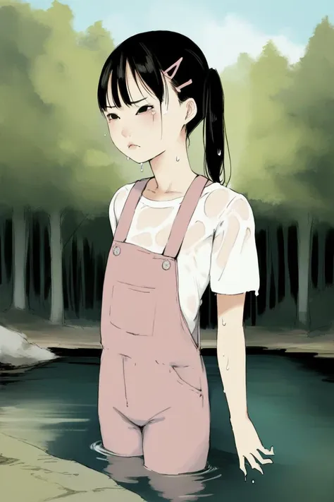 score_9, score_8_up, score_7_up, rating_safe BREAK
1girl, (:t), pout, tearing up, black eyes, black hair, twintails, hairclip, flat chest, white t-shirt, pink overalls, forest, river, partially submerged, (wet, wet clothes, wet shirt, dripping)