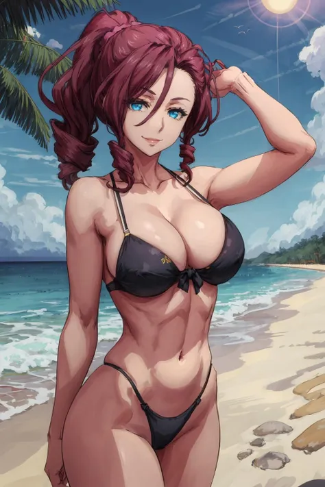 masterpiece, best quality, 1girl, solo, <lora:Akane Ryuzoji:0.6>akane ryuzoji, red hair, blue eyes, ponytail, drill hair, seductive smile, large breasts, cleavage, string black bikini, looking at viewer, beach, ocean, sun, sand, sunlight, <lora:more_details:0.3>