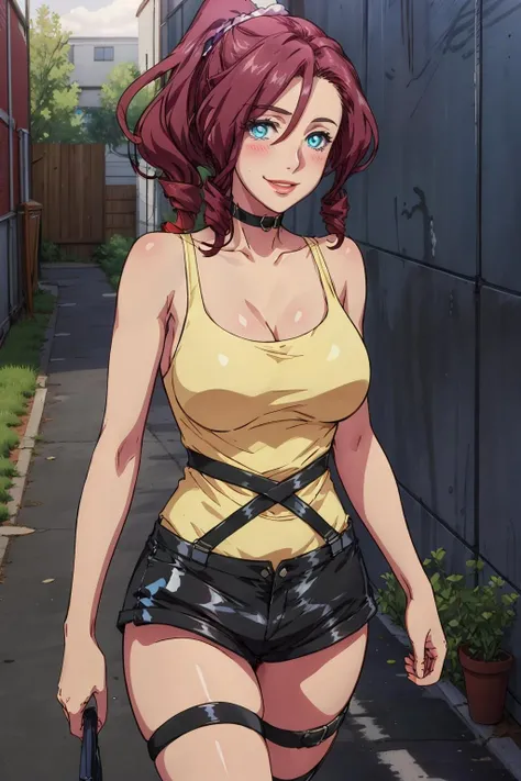 masterpiece, best quality, 1girl, solo, <lora:Akane Ryuzoji:0.7>akane ryuzoji, red hair, blue eyes, ponytail, drill hair, blush, large breasts, choker, tank top, harness, shorts, thighs strap, black footwear, standing, in an alley, sunlight, blue sky, perfect light, looking at viewer, light smile, <lora:more_details:0.2>