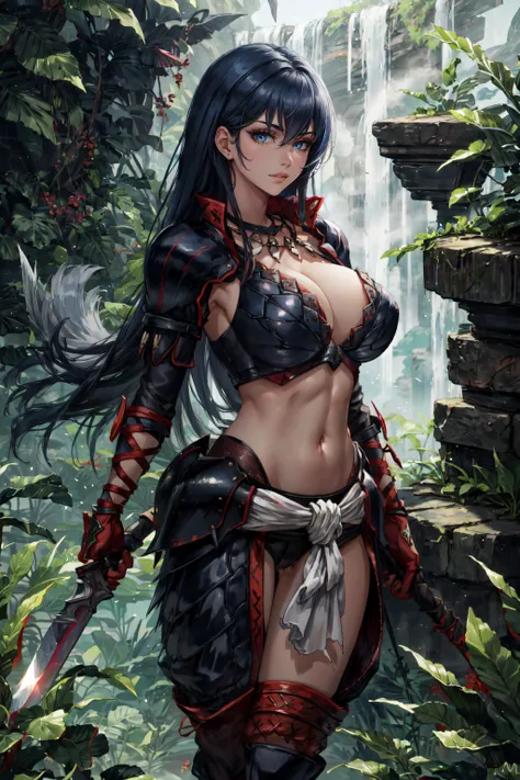 woman（have a sword　slim, beautiful woman with long black hair　small breasts）　Off-Shoulder Armor　loincloth