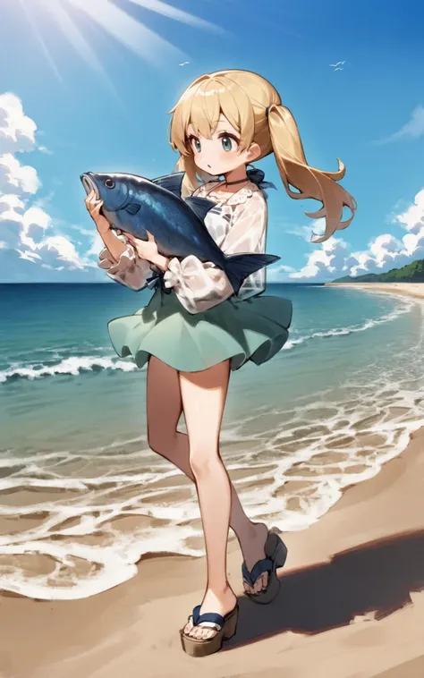 1girl, beach, blonde twintails, blouse, full body, sandals, holding fish,
outdoors, sunlight