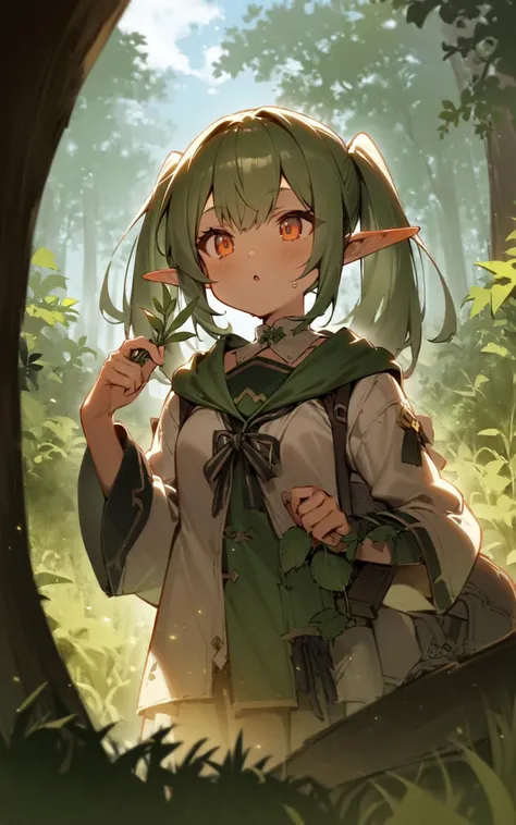 1girl, twintails, elf, outdoors, holding herb