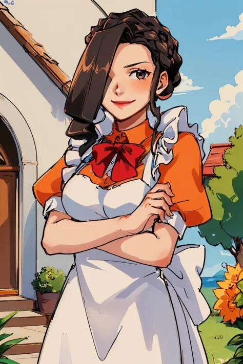 (masterpiece, best quality:1.2), solo, 1girl, justine courtney, smile, looking at viewer, crossed arms, hair over one eye, braid, tresbien, orange dress <lora:aai_courtney:0.8> <lora:attire_aa_waitress-10:1>