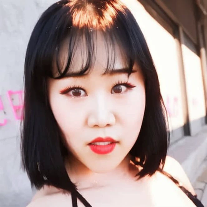 a woman JangEunYoung outside on a street. neon signs. 4K, 8K, HD, hyperreal, photorealistic, 200 ISO, film grain.