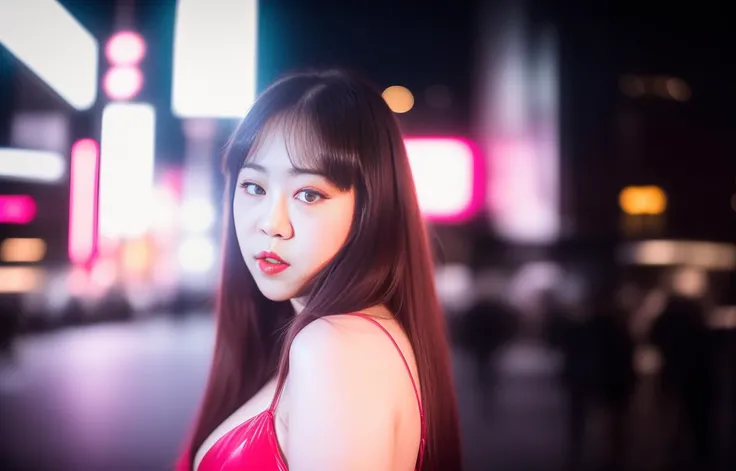 award winning portrait photography. A photo of ((JangEunYoung)), outside, street, sidewalk, , neon signs, tokyo, seoul, hong kong, kabukichou, shibuya, roppongi, shinjuku, 4K, 8K, hyperreal, photorealistic, 50 ISO.