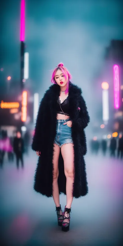 A photo of (JangEunYoung), colourful hair, wearing fluffy jacket, long jacket, outside, award winning photography. 4K, 8K, hyperreal, photorealistic, 50 ISO. (Outside, street, sidewalk, tokyo, neon lights, haze, mist, smoke, kabukibchou, roppongi, shibuya, seoul, hong kong.) <lora:fluffy_jacket01:0.75>