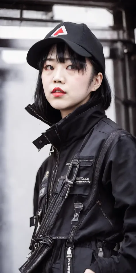 A photo of (JangEunYoung), urban fashion, street fashion, jacket, pants, outside, street, sidewalk, alley, tokyo, seoul, hong kong, kabukichou, shibuya, roppongi, shinjuku, neon lights, smoke, haze, mist. award winning photography. 4K, 8K, hyperreal, photorealistic, 50 ISO. <lora:urbansamurai_v0.3:0.85>