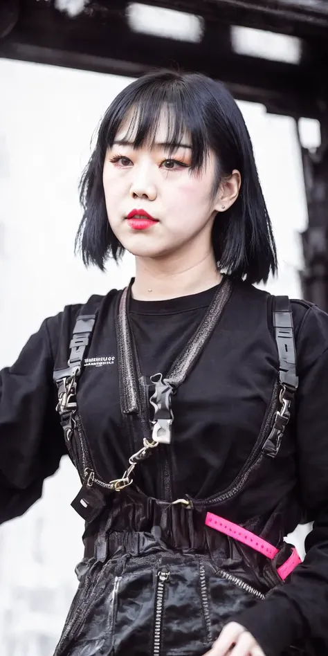 A photo of (JangEunYoung), urban fashion, street fashion, outside, street, sidewalk, alley, colourful, neon signs, tokyo, seoul, hong kong, kabukichou, shibuya, roppongi, shinjuku, neon lights, smoke, haze, mist. award winning photography. 4K, 8K, hyperreal, photorealistic, 50 ISO. <lora:urbansamurai_v0.3:0.85>