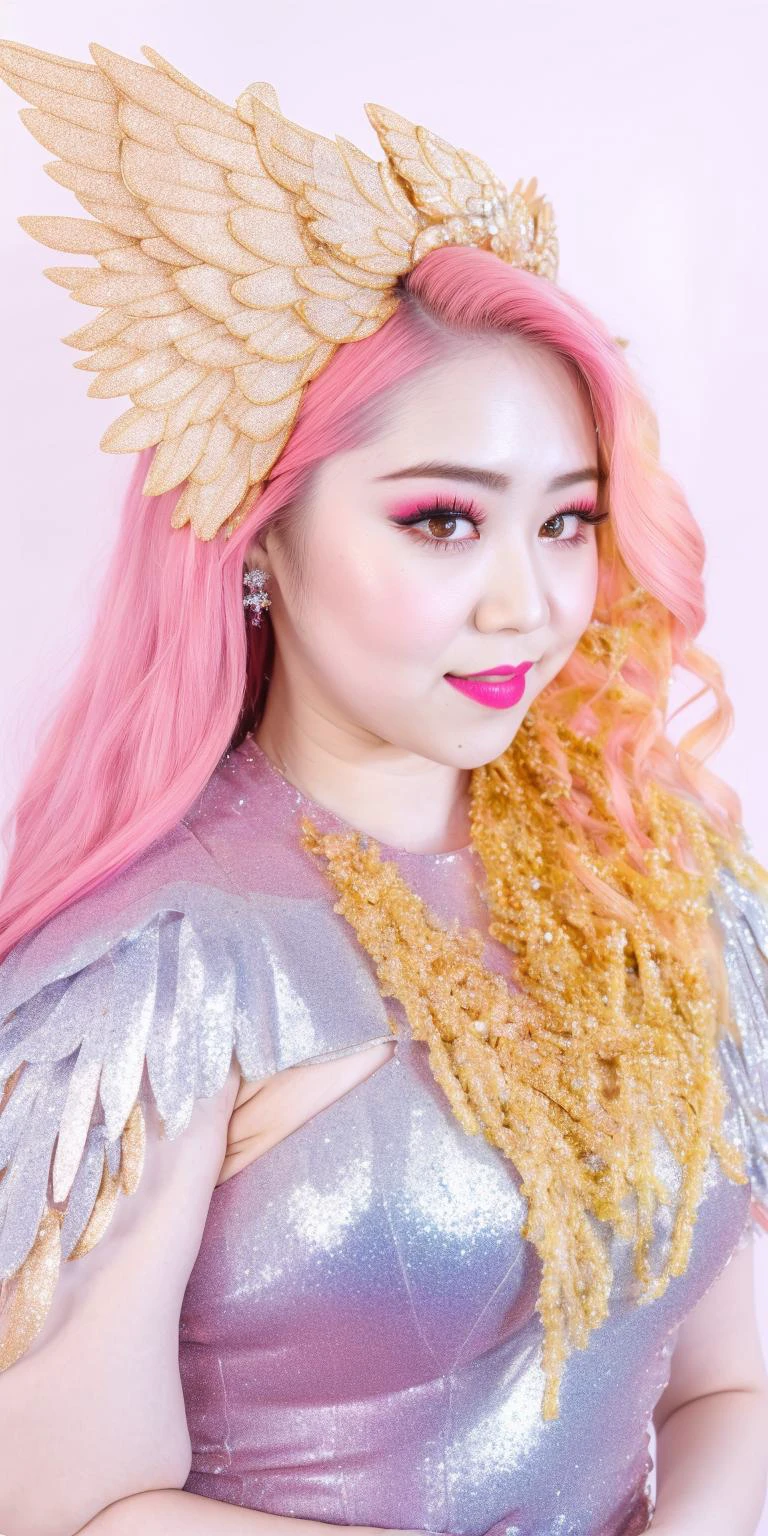 A photo of (JangEunYoung), pink hair, my_dress, 1girl,long_hair, makeup, solo,standing, glitter, sparkling, (wings, angel, halo, queen, goddess), golden wings, empress, holy divine, gold, silver, diamonds, crystals. award winning photography. 4K, 8K, hyperreal, photorealistic, 50 ISO. <lora:fashionDress_v10:0.7>