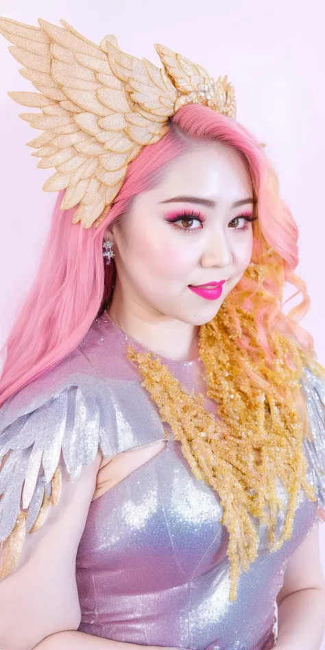 A photo of (JangEunYoung), pink hair, my_dress, 1girl,long_hair, makeup, solo,standing, glitter, sparkling, (wings, angel, halo, queen, goddess), golden wings, empress, holy divine, gold, silver, diamonds, crystals. award winning photography. 4K, 8K, hyperreal, photorealistic, 50 ISO.  <lora:fashionDress_v10:0.7>