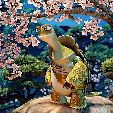 Oogway1024, a kungfu-master turtle,full body, chinese old temple, mystical athmosphere, cherry blossom, detailed eyes, highly detailed, photography, ultra sharp, film, bokeh, professional, 4k <lora:Oogway1024:0.8>
