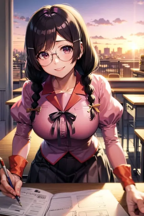 <lora:hanekawaTsubasa:0.9>, hanekawaTsubasa, masterpiece, best quality, absurdres, 1girl, looking at viewer, sitting, classroom, sunset, desk, pov, school uniform, glasses, twin braids, smile, pen, pencil, open book, paper
