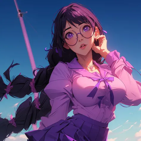 photo of haneka, 4k, masterpiece, beautifully detailed face, detailed hands, hips, (large breasts), lustful look, extremely detailed eyes, <lora:Bakemonogatari - Hanekawa Tsubasa @ hanekawa tsubasa - hanekawacat - hanekawashorthair:1>, purple skirt, in the wind, white lace panties, glasses, braids, adjusting glasses, school uniform, pink shirt with purple collar