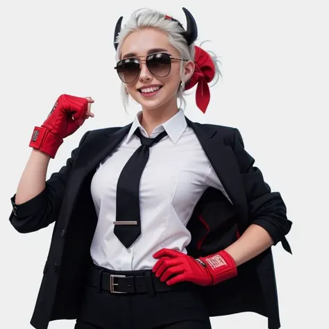 justice(helltaker), black horns, smile, tail, pants, black pants, white hair, grin, belt, sparkle, demon horns, red shirt, shirt tucked in, cowboy shot, necktie, tie clip, horns, sunglasses, simple background, fingerless gloves, black necktie, shirt, 1girl, black belt, black jacket, solo, demon girl, collared shirt, gloves, jacket, jacket on shoulders, short hair, hand on hip, demon tail, red gloves <lora:justice:1>