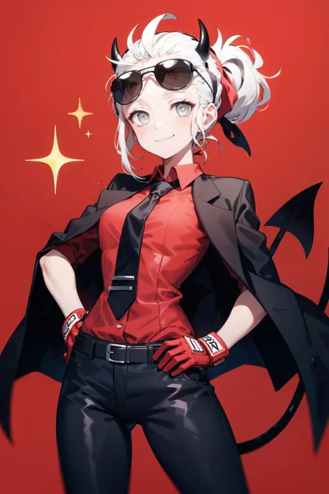 justice(helltaker), black horns, smile, tail, pants, black pants, white hair, red background, belt, sparkle, demon horns, red shirt, eyewear on head, looking at viewer, medium breasts, necktie, tie clip, horns, sunglasses, simple background, black necktie, shirt, closed mouth, 1girl, grey eyes, black belt, white eyes, black jacket, solo, demon girl, collared shirt, gloves, blind, jacket, jacket on shoulders, short hair, hand on hip, demon tail<lora:justice:1>