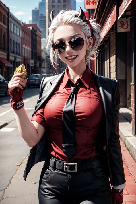 1girl,justice(helltaker),short hair,white hair,(red shirt:1.4), shirt tucked in,black necktie,clip tie,black jacket,long black pants,belt,red fingerless gloves,sunglasses,black horns,black demon tail,smile,smug,teeth,happy expression,fit,muscular,holding a taco,restaurant,standing,masterpiece,extremely detailed CG unity 8k wallpaper, best quality,32k,focus sharp, <lora:justice:1>, <lora:add_detail:1>, <lora:Light and Shadow:0.6>