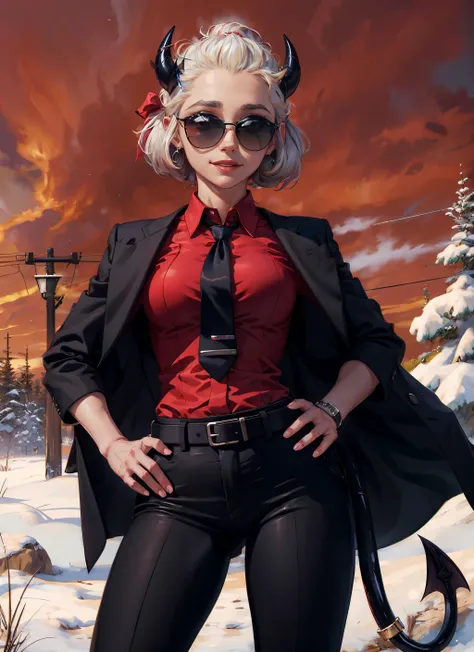 justice(helltaker), black horns, smile, tail, pants, black pants, white hair, red background, belt, sparkle, demon horns, red shirt, eyewear on head, looking at viewer, medium breasts, necktie, tie clip, horns, sunglasses, simple background, black necktie, shirt, closed mouth, 1girl, grey eyes, black belt, white eyes, black jacket, solo, demon girl, collared shirt, blind, jacket, jacket on shoulders, short hair, hand on hip, demon tail<lora:justice:1>
