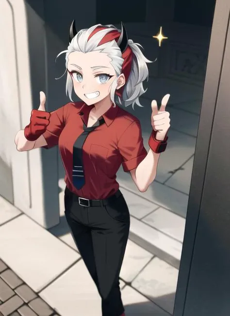 ((best quality)), ((highly detailed)), masterpiece, (detailed eyes, deep eyes), (1girl), full body, <lora:justice:.8>, justice(helltaker), medium hair, hair slicked back, red bandanna, white hair, grey eyes, (blind), demon horns, black horns, black tail, grin, (sparkles), (sunglasses), eyewear on head, muscles, (red shirt), collared shirt, shirt tucked in, black pants, belt, black necktie, tie clip, (red gloves), fingerless gloves, thumbs up, (in a mausoleum)