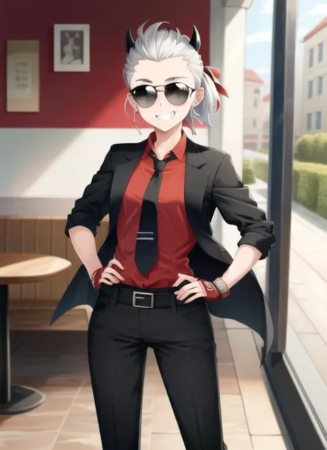 ((best quality)), ((highly detailed)), masterpiece, extremely detailed face, beautiful face, (detailed eyes, deep eyes), (1girl), full body, <lora:justice:.9>, justice(helltaker), medium hair, hair slicked back, red bandanna, white hair, grey eyes, (blind), demon horns, black horns, black tail, grin, sparkles, (sunglasses), (red shirt), collared shirt, shirt tucked in, black pants, belt, black necktie, tie clip, jacket, holding jacket, red gloves, fingerless gloves, hands on hips, (in a cafe, coffee)