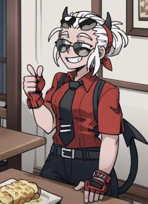 ((best quality)), ((highly detailed)), masterpiece, (detailed eyes, deep eyes), (1girl), full body, <lora:justice:.8>, justice(helltaker), medium hair, hair slicked back, red bandanna, white hair, grey eyes, (blind), demon horns, black horns, black tail, grin, (sparkles), (sunglasses), eyewear on head, muscles, (red shirt), collared shirt, shirt tucked in, black pants, belt, black necktie, tie clip, (red gloves), fingerless gloves, thumbs up, (inside, at a dining room), <lora:helltakerLora_10:.6>, helltaker style