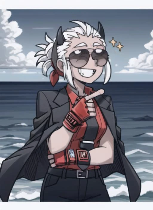 ((best quality)), ((highly detailed)), masterpiece, extremely detailed face, beautiful face, (detailed eyes, deep eyes), (1girl), upper body, <lora:hairdetailer:.9>, <lora:justice:.9>, justice(helltaker), medium hair, hair slicked back, red bandanna, white hair, grey eyes, (blind), demon horns, black horns, black tail, grin, (sparkles), (sunglasses), muscles, ((red shirt), collared shirt), shirt tucked in, black pants, belt, black necktie, tie clip, jacket, jacket on shoulders, (red gloves), fingerless gloves, thumbs up, (in the ocean), <lora:helltakerLora_10:.6>, helltaker style