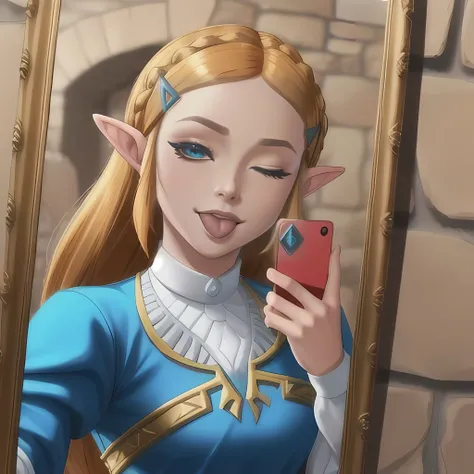 high quality, high resolution,
akanbe, tongue, tongue out, one eye closed,
, princess zelda, nintendo, the legend of zelda, botw, short royal dress, blue gold colors,
 in hyrule castle, stone walls, making a mirror selfie, 
<lora:zelda_botw_v1:0.6> <lora:Akanbe:0.5>