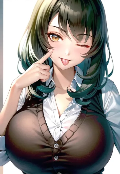 akanbe, tongue, tongue out, one eye closed, finger to eye, 1girl, huge breasts, dark green hair, parted bangs, flipped hair, dark brown eyes, wearing black punk style pants rolled up , cardigan vest, incredibly absurdres, finely detailed, amazing, best quality, smooth, 4k wallapaper