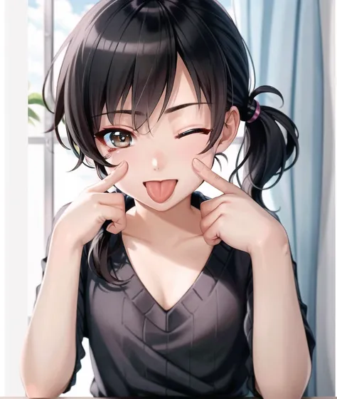 akanbe, tongue, tongue out, one eye closed, finger to eye, 1girl, flat chest, no cleavage, black hair, curtain Bangs, short ponytail, hazel eyes, wearing black punk style sarong , sweater dress, incredibly absurdres, finely detailed, amazing, best quality, smooth, 4k wallapaper