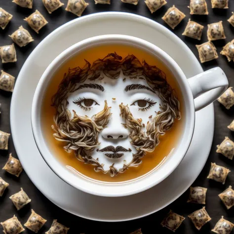 pareidolia of a cute girl's face shaped out of from the bottom of the cup and oolong tea leaves, tea leaves, traditional teacup, steam, dregs in a cup of tea, chinese tea service, crumbs, face shaped by spilled wet tea leaves, (pareidolia:2), realistic, photo RAW, elegant teacup,
<lora:faces_v2:0.50>,