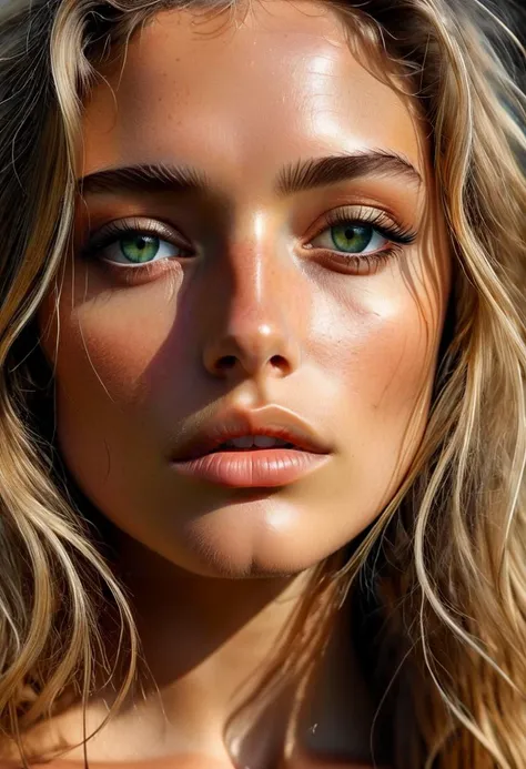 Photo of an Italian woman, photorealistic, high quality, beautiful face, blond balayage hair, long straight hair, ultra contrast, tanned skin, the most beautiful girl, green eye, black smokey eye shadow, full body, extremely realistic. The face has a sad and enchanting look <lora:MJ52:0.5> <lora:people_w_005_cosine_iter2_ 000005_sdxl_10epoches_adafactor:0.5>