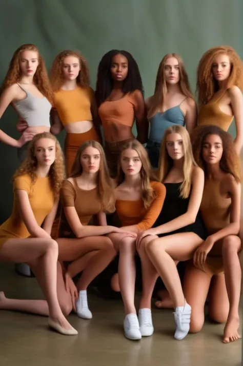 professional full body photo of a group of 14 young woman models posing, 14 faces, natural light, photorealistic, looking at the viewer,
