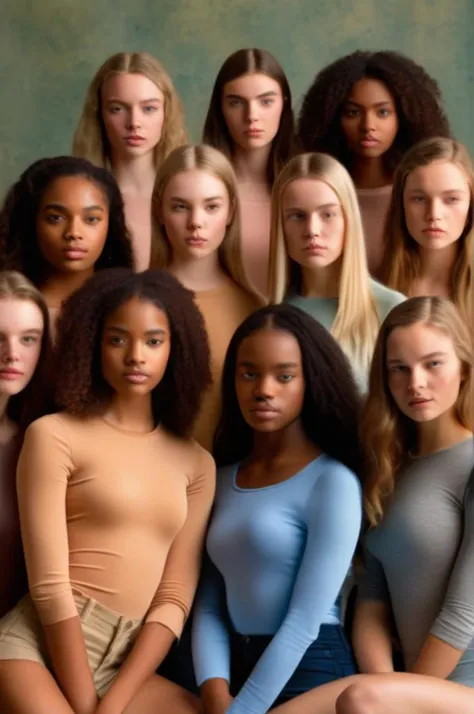 professional full body photo of a group of 14 young woman models posing, 14 detailed faces, natural light, photorealistic, looking at the viewer,