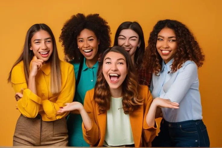 professional group portrait photo of 7 real multi culture young woman locking mischievous at viewer, faces ,