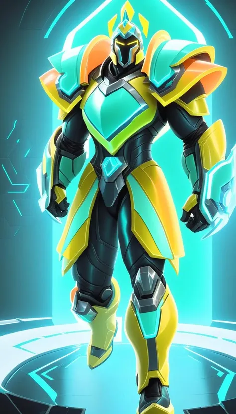 lolstyle, Unity Engine, a warrior is wearing armor suit, The armor suit is Mint Green, Lemon Yellow and Peach, blue neon hue