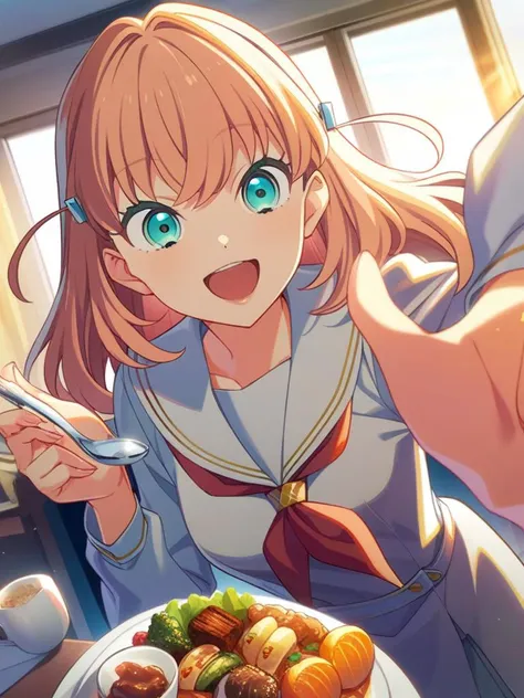 masterpiece, best quality, very aesthetic, absurdres, <lora:kaho-sdxl-000020:0.9>, (flat anime style:1.2),
hinoshita kaho, orange hair, medium hair, cyan eyes, 
school uniform, serafuku, white dress, white collar, red bowtie, pov, incoming food, spoon, feeding,
happy, smile, open mouth